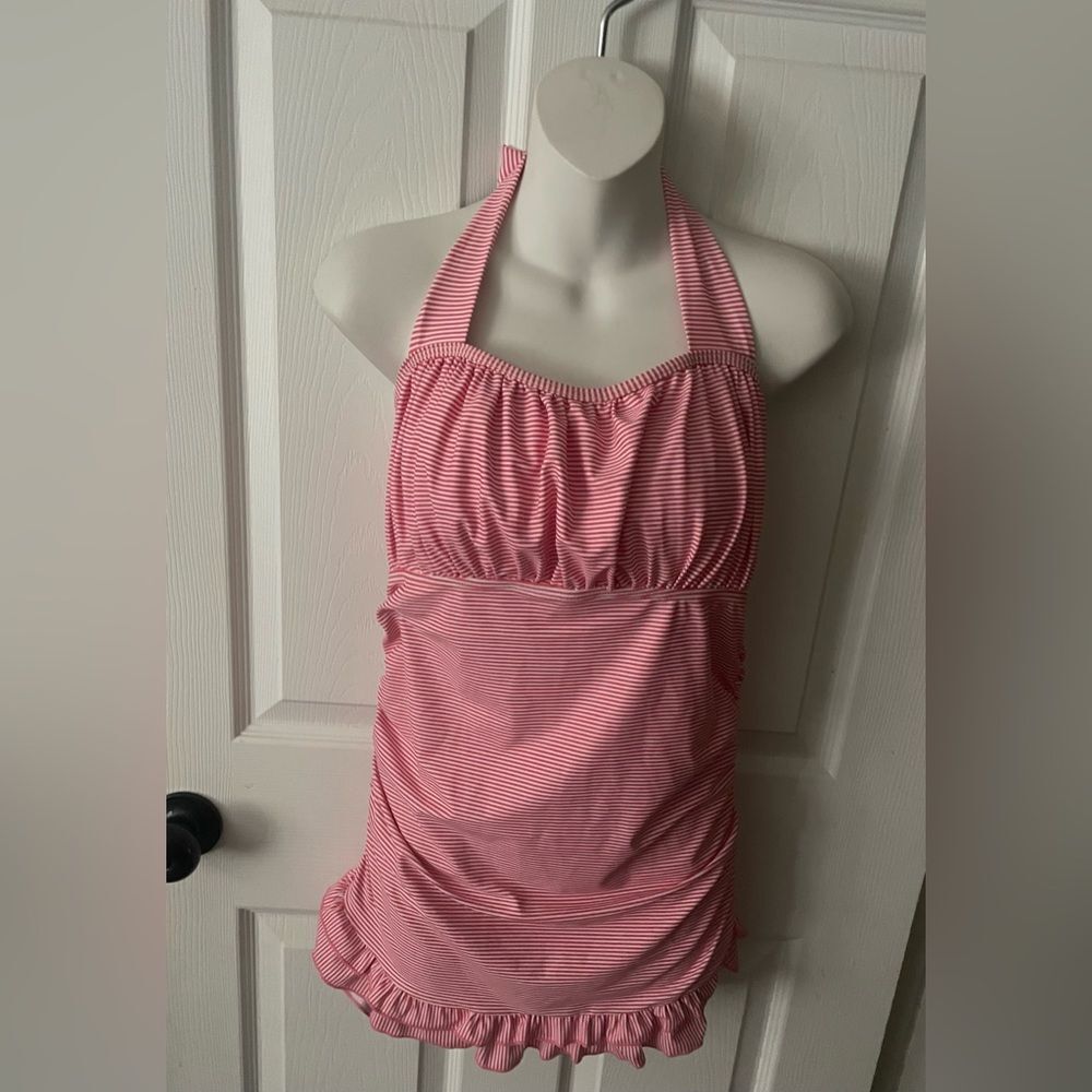Women’s Pink / White Striped Runched Halter Swim Top Size Large